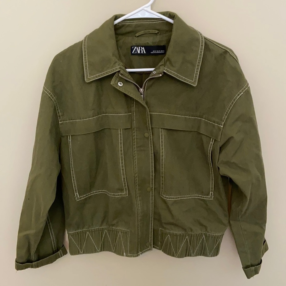 Green Zara Jacket With White Topstitching